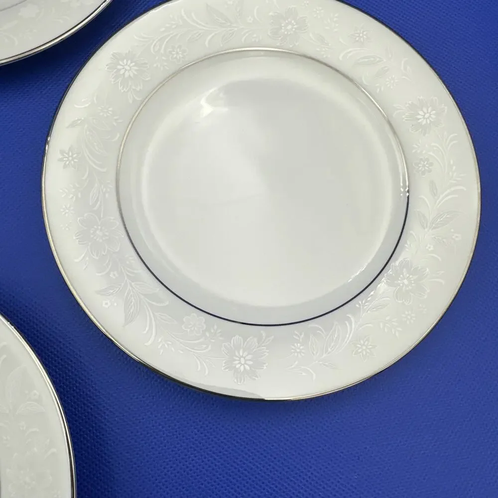 Noritake Ranier 6909 Bread Plates 6 3/8” White Floral on White Silver Rim‎ Set 4